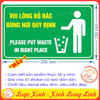 Logo Tem Sticker Decal Vui Lòng Bỏ Rác Đúng Nơi Quy Định - Please Put Waste In Right Place, Chống Nước, Có Keo Dán Sẵn