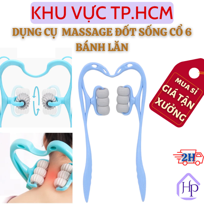 Dụng cụ massage đốt sống cổ 6 bánh lăn, dụng cụ xoa bóp, thư giãn tăng tuần hoàn máu vùng gáy, tay chăn... đa năng