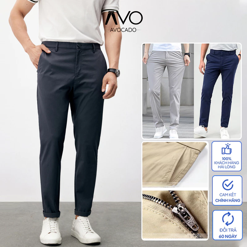 Quần Kaki dài Nam Dáng Âu Co Dãn Slimfit màu đen xanh dáng ôm gọn big size Avocado