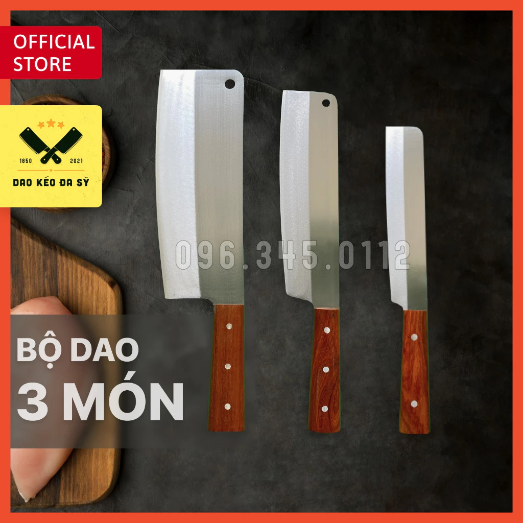 Bộ dao 3 món chặt, thái, gọt hoa quả - Dao Đa Sỹ - thép Nhật trắng không gỉ