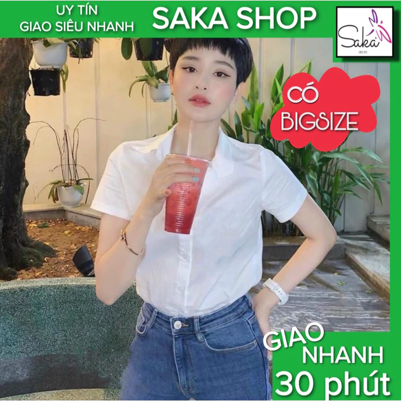 Áo sơ mi trắng nữ tay ngắn có túi from rộng vải kate mịn không nhăn