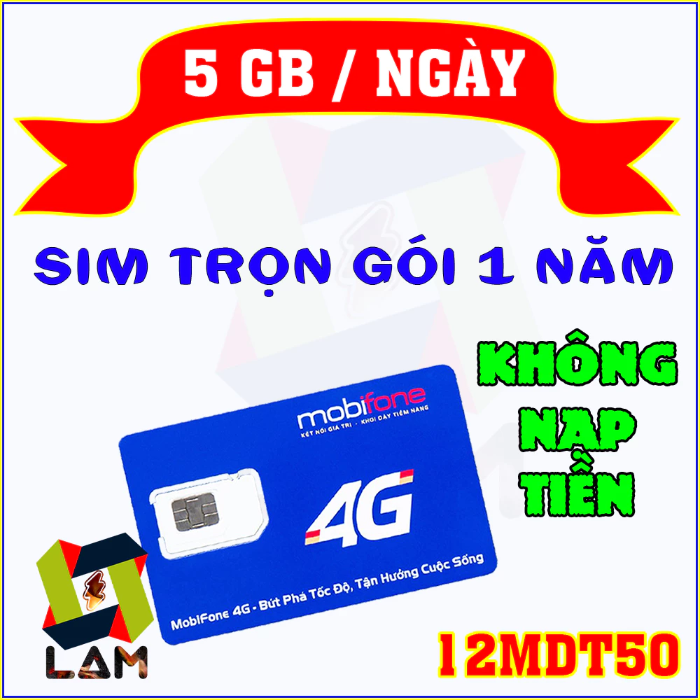 Sim 4G Mobifone 12MDT50 (5GB/Ngày), 12MDT150 (500GB), A500 (3GB/Ngày), 100GB/tháng trọn gói 1 năm | eSIM 12FD50