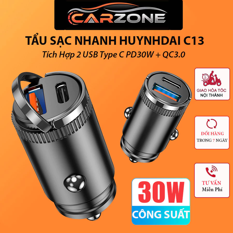 Tẩu Sạc Nhanh Ô Tô C13 PD30W + QC3.0 CARZONE - Sạc Nhanh USB Type C Hợp Kim Nhôm Cao Cấp VERSION 6