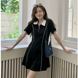 Đầm Polo Bigsize Nữ Dáng Xòe Màu Đen Phối Cổ Trắng,Váy Big Size Cổ Bẻ  Hách Dáng Chất Tăm Mới Mát G93