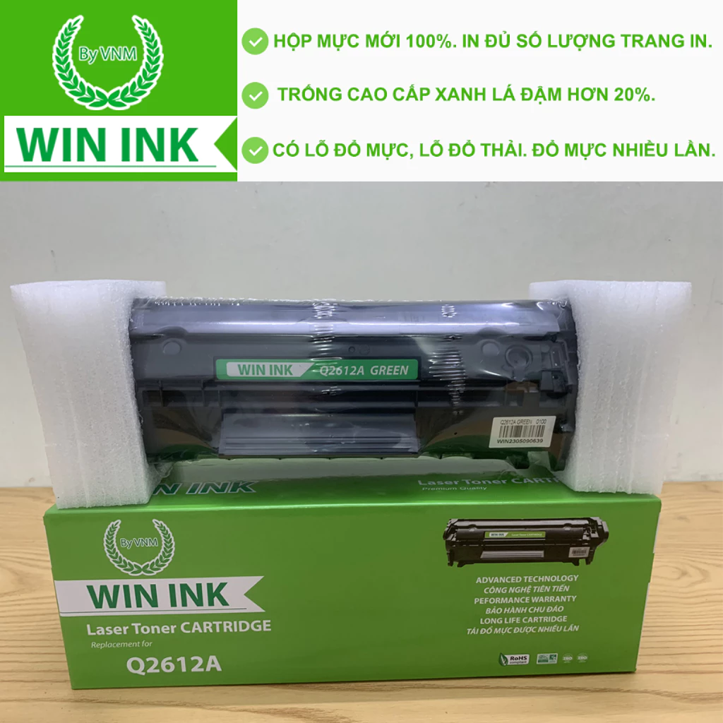 Hộp mực máy in LBP2900(mã Q2612A/303/703) hiệu Win Ink hàng cao cấp-Có lỗ đổ mực, đổ thải, mới 100%