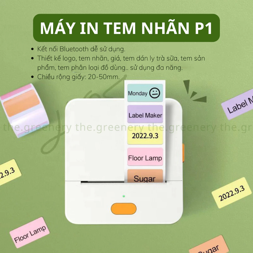 Máy in tem nhãn, máy in nhiệt mini cầm tay The Greenery-P1 kết nối bluetooth không dây, dễ sử dụng - thiết kế tem nhãn