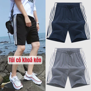 Quần short nam 3 sọc 3 túi khóa kéo vải thun poly mềm mịn co giãn