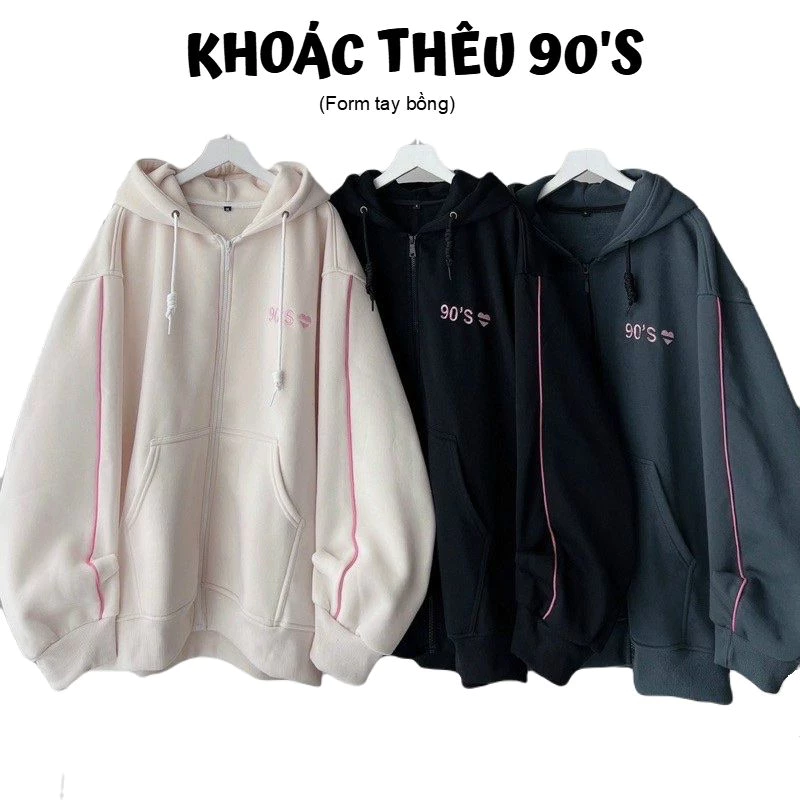 Áo Hoodie Zip Khoác Nỉ Thêu ICON TRÁI TIM 90S Tay Bồng Nhiều Màu Form Rộng Unisex Nam Nữ_F.S.Shop68