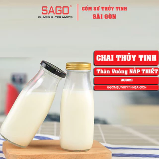 Set 10 chai Thủy Tinh Thân Vuông Đựng Sữa , Sinh Tố 300ml Nắp Thiết