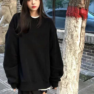 Salute Áo nỉ trơn tay dài nữ form rộng áo Sweater local brand unisex Y2K Đen 100% cotton