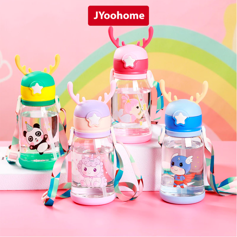 Bình Nước Cho Bé Có Ống Hút JYoohome Chống Sặc Có Quai Đeo Tay Cầm Bình Nước Trẻ Em Tập Uống