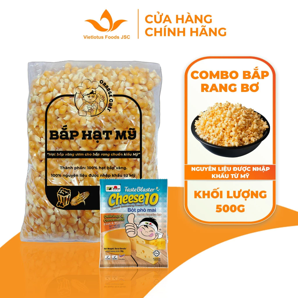 Combo Bắp rang hạt mỹ lắc Phô Mai Verozyme Malaysia - chuẩn rạp phim ( Bắp hạt Mỹ 500G + Phô mai Verozyme 30G)