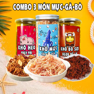 Combo 3 món đồ ăn vặt khô bò xé sợi, khô heo cháy tỏi, khô mực hấp dừa (280g/1 hũ)