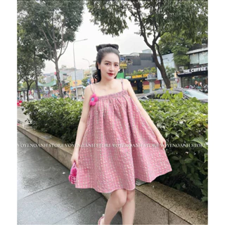 Đầm 2 Dây Babydoll Gắn Hoa,Váy Nữ From Suông Dáng Ngắn Đi Chơi,Đầm Caro Màu Hồng Dễ Thương