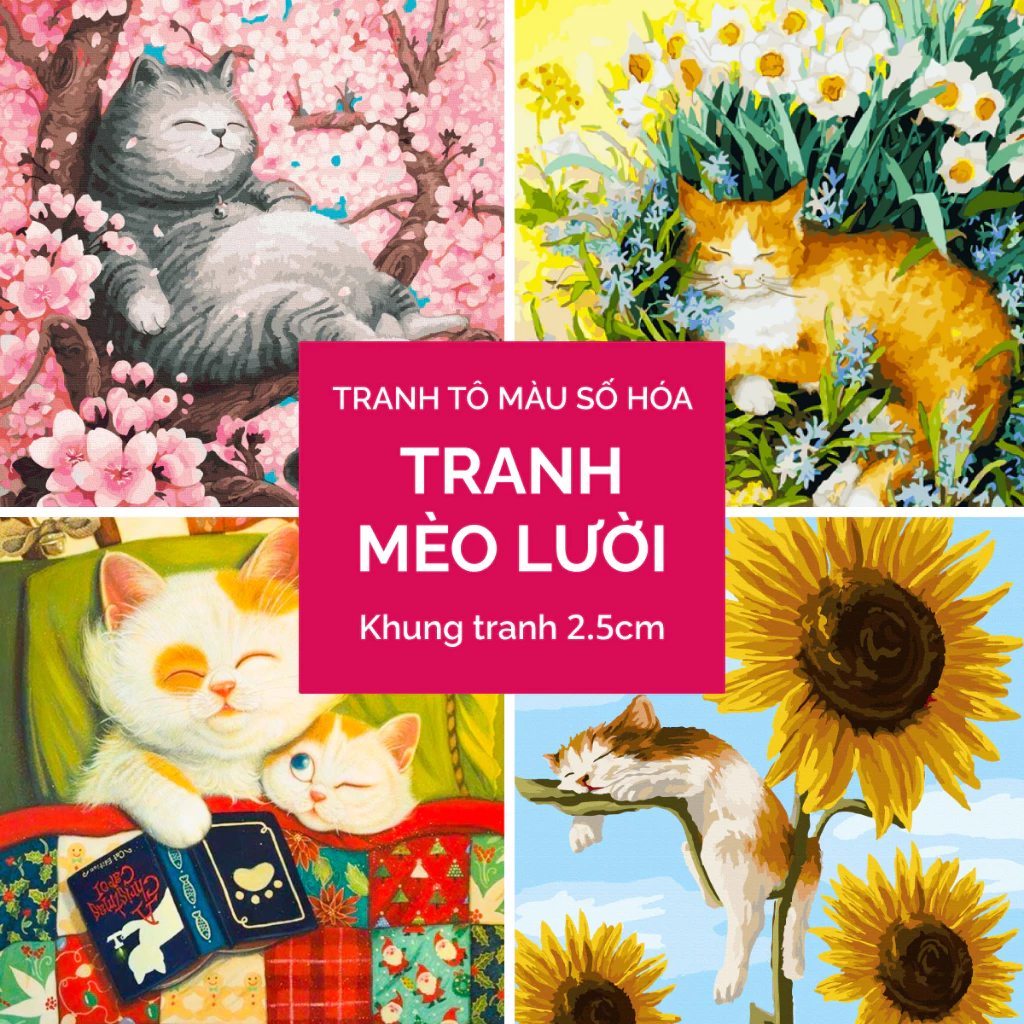 ✅Tranh tô màu theo số - Mèo lười đã căng khung 40x50cm