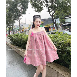 Váy đầm nữ babydoll caro đính hoa xinh xắn dễ thương