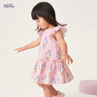 Váy Little Maven bé gái ngắn tay hồng kem S1666