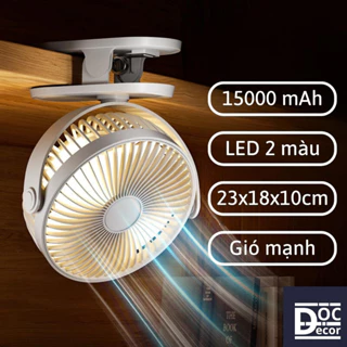 Quạt tích điện kẹp bàn có LED 2 màu dung lượng pin 15000mAh, Quạt kẹp bàn sử dụng liên tục 8-70h