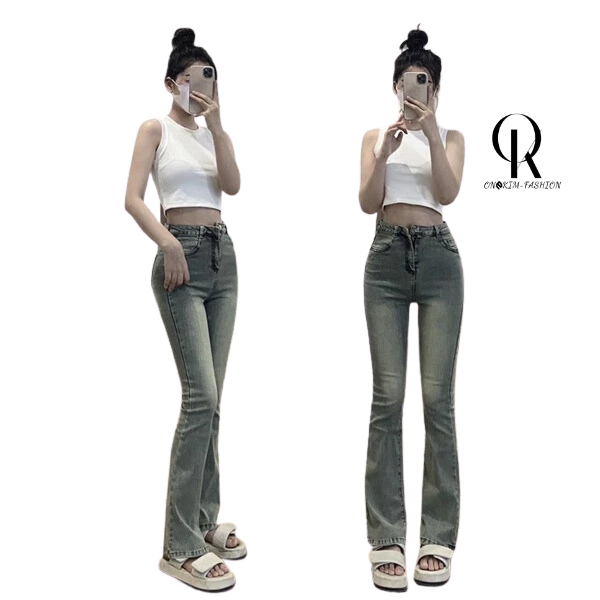 Quần jeans ống loe ONKIM màu bạc co giãn lưng cao