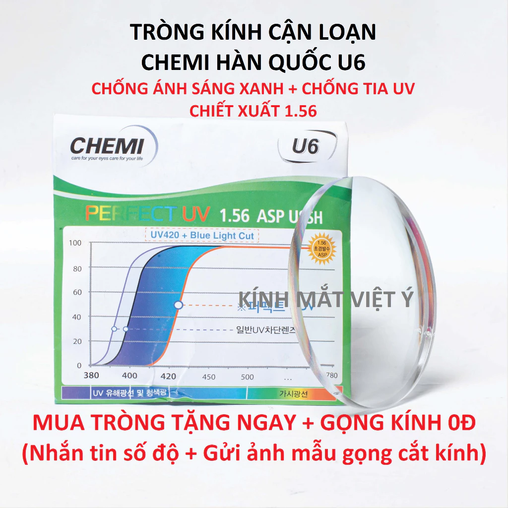 Tròng kính CHEMI chống ánh sáng xanh, chống tia UV chiết xuất 1.56