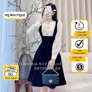 Váy nhung xòe phối voan tay và ngực ren khuy hoa dáng xòe dự tiệc công sở , đầm nhung thiết kế MQ Boutique cao cấp