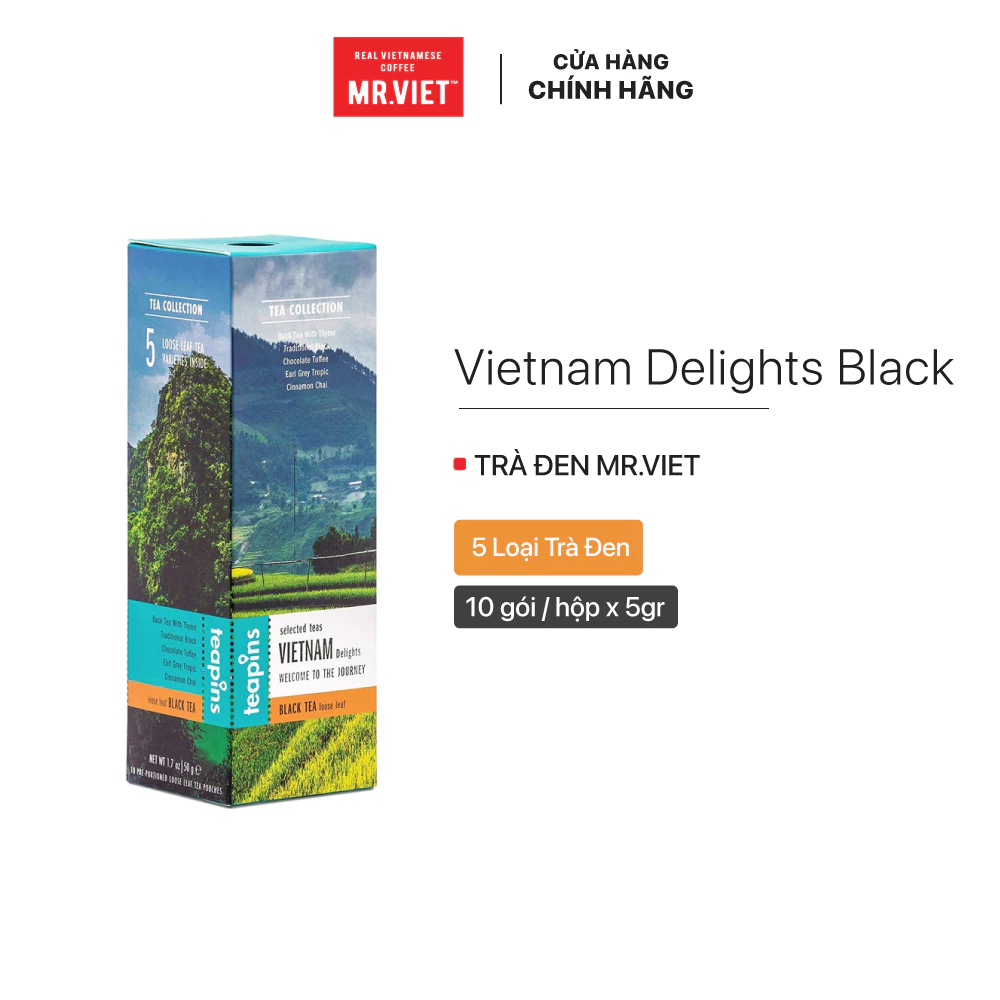 Trà đen Vietnam Delights Black với 5 vị trà đen truyền thống - Trà Teapins (10 gói/hộp x 5g)