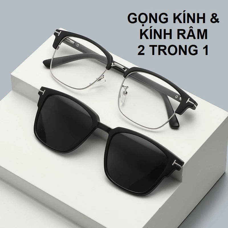 Gọng kính và Kính râm 2 trong 1 nửa vành nam nữ mắt phân cực chống nắng UV đi biển FERADO ( kèm hộp đựng )