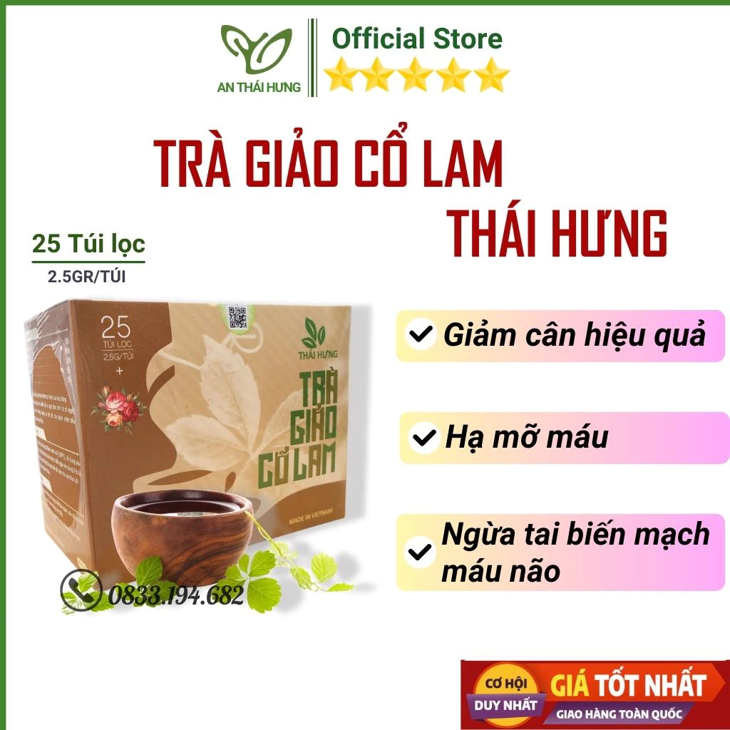 Trà Giảo Cổ Lam Thái Hưng loại cao cấp 25 túi lọc x 2,5gr, Giảm Cân, Hạ Mỡ Máu, Ổn định huyết áp