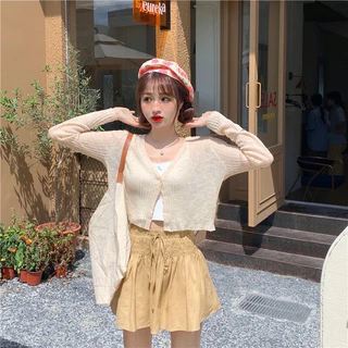 Áo khoác cadigan len mỏng dáng croptop dài tay Ulzzang- Áo len mỏng đi chơi, đi biển