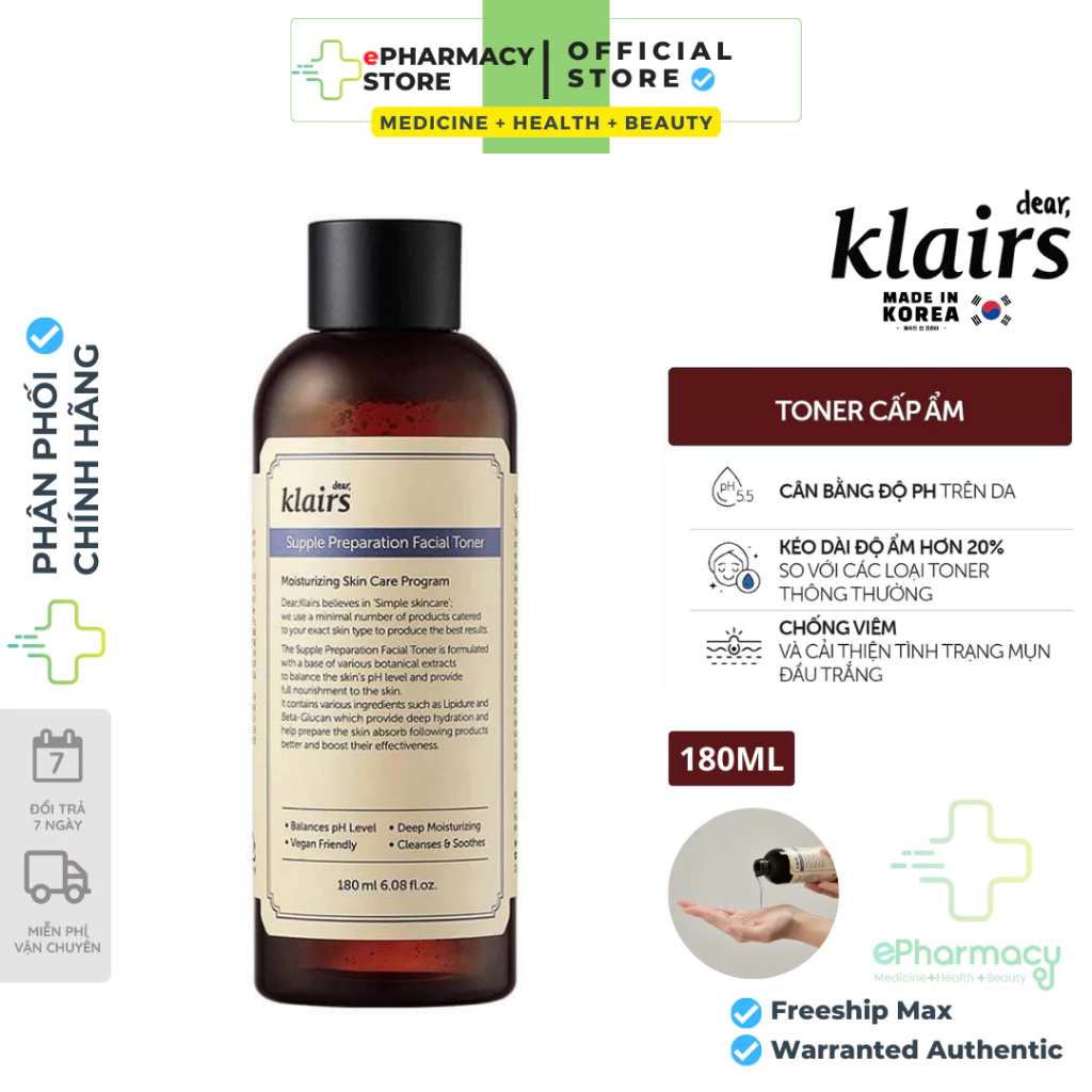 Toner Klairs Supple Preparation Facial - Nước Hoa Hồng Klairs Dưỡng Ẩm 180ml