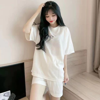 Set đồ nữ cộc tay, Bộ ngủ nữ quần đùi mix áo phông tay lỡ thêu mặt cười cute, mặc mùa hè, ở nhà phong cách