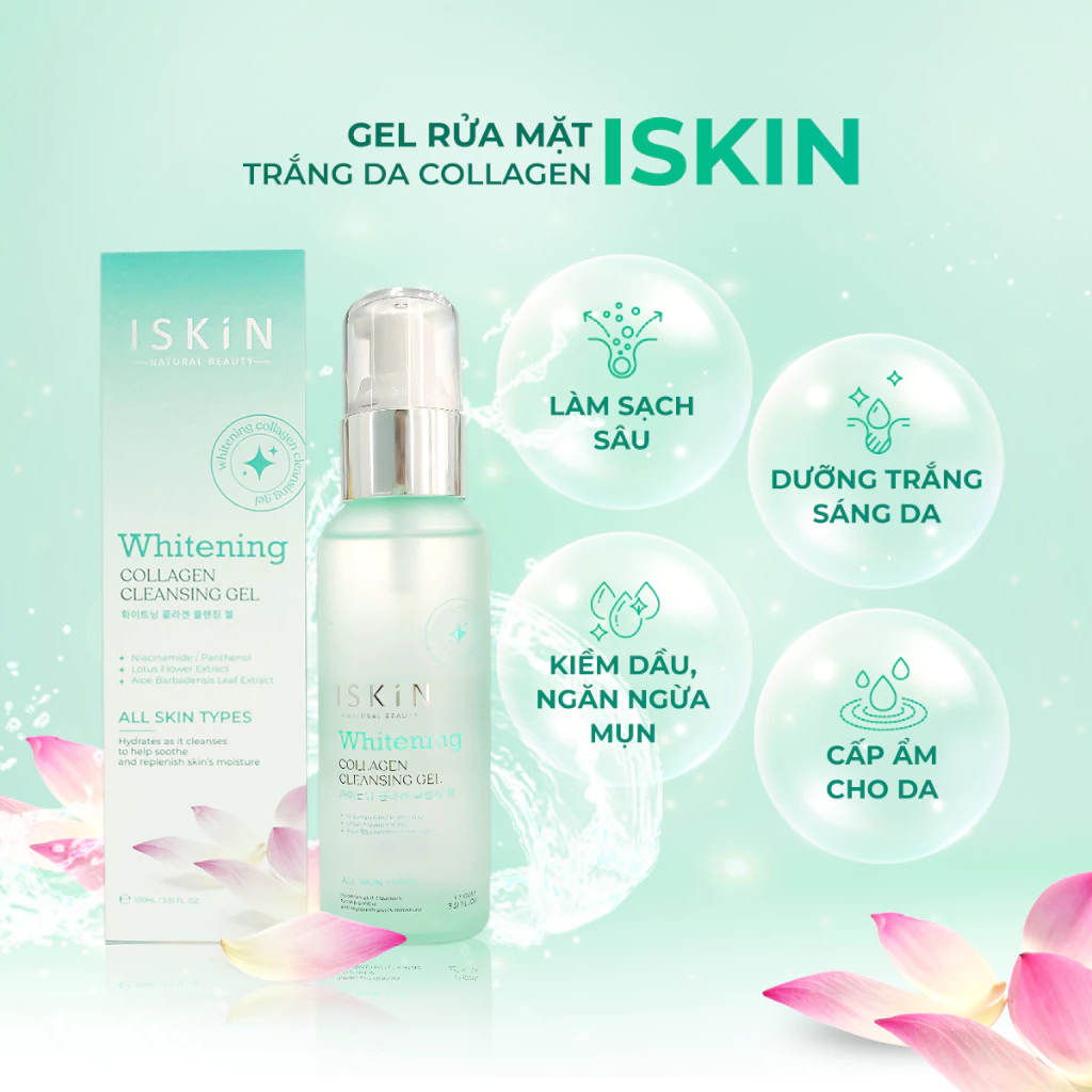 Gel Rửa Mặt Hoa Sen ISkin Whitening Collagen 100ml. Giúp Trắng Sáng Da, Kiềm Dầu, Se Khít Lỗ Chân Lông, Cấp Ẩm Cho Da