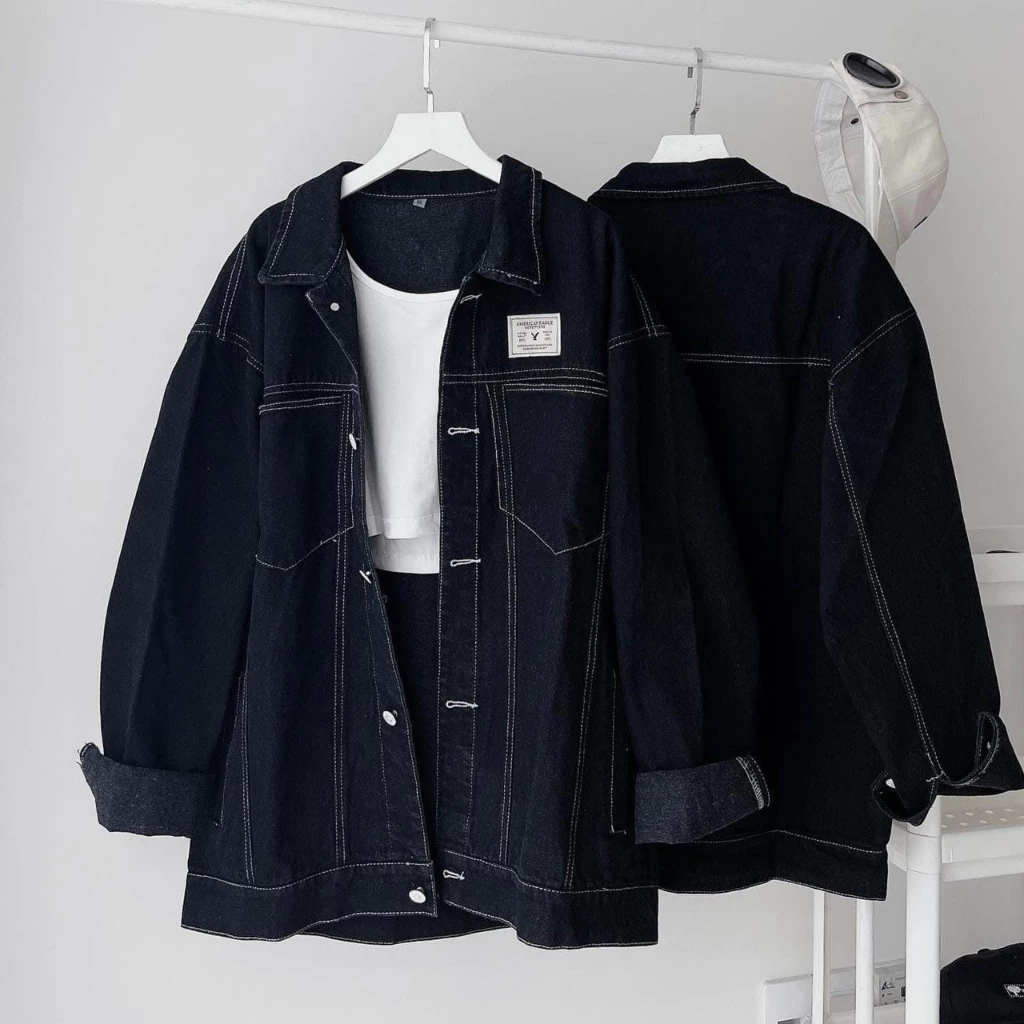 Áo khoác JEANS ĐEN BASIC có TAG form rộng khoác ngoài unisex nam nữ nút bạc denim