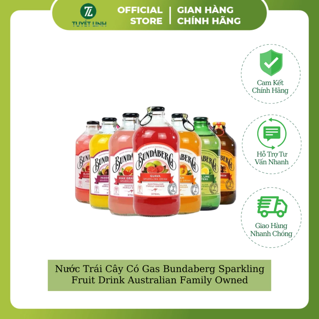 Nước Trái Cây Có Gas Bundaberg Sparkling Fruit Drink Australian Family Owned 375ml (Product From Austraylia)