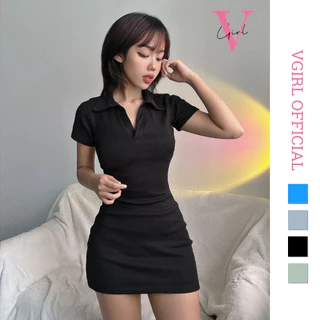 Váy body ôm VGIRL cổ V tay ngắn dáng basic năng động [ẢNH ĐỘC QUYỀN]