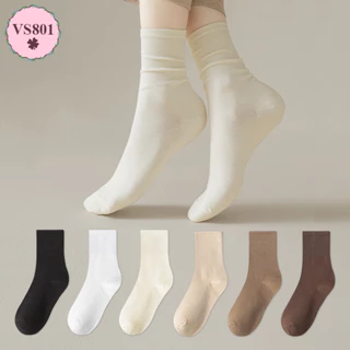 Tất nữ cổ cao hàn quốc vintage VS801 vớ nhún trơn basic cotton đơn giản dày dặn đẹp màu trắng đen nâu