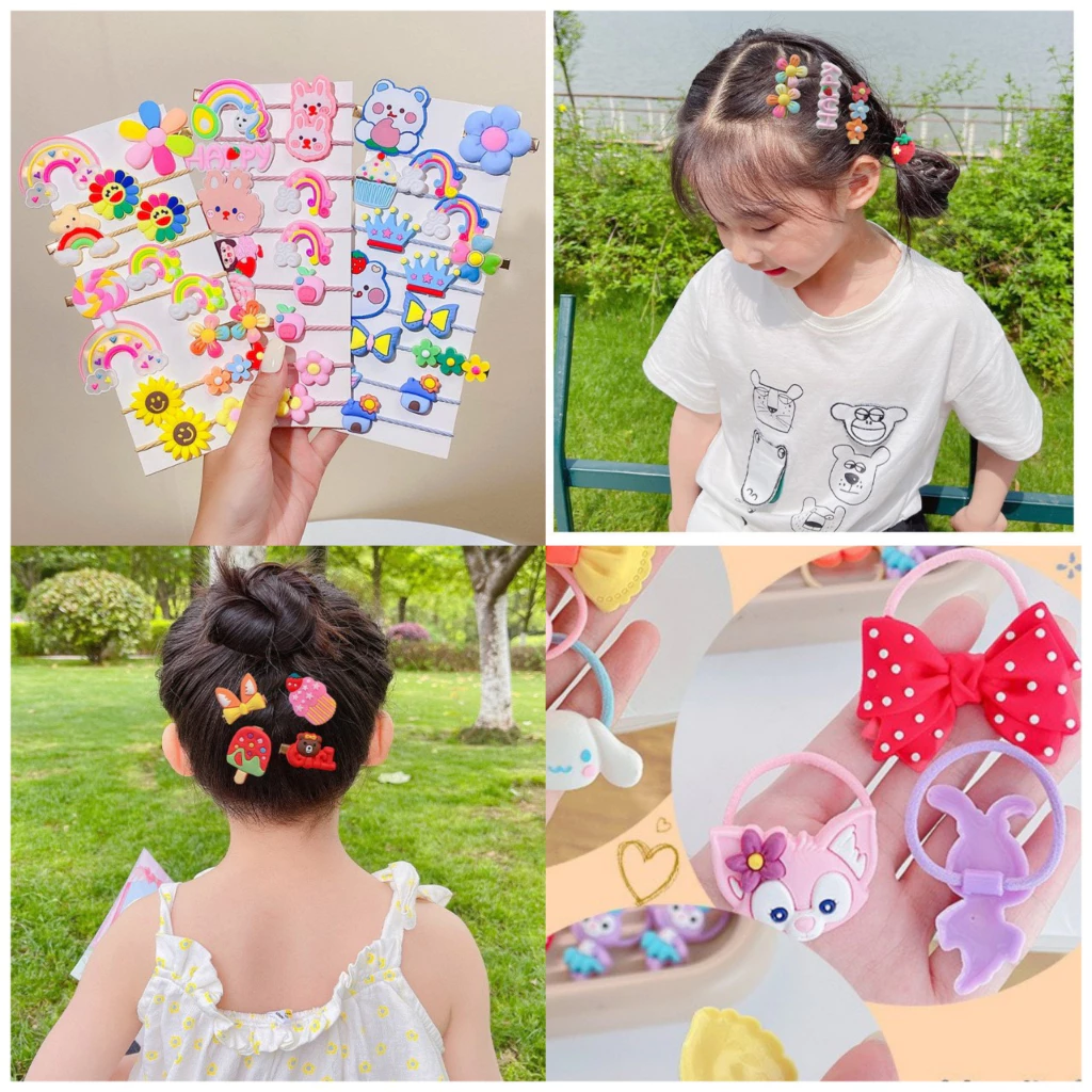 SET 15 KẸP TÓC KÈM DÂY BUỘC TÓC ĐÁNG YÊU CHO BÉ GÁI