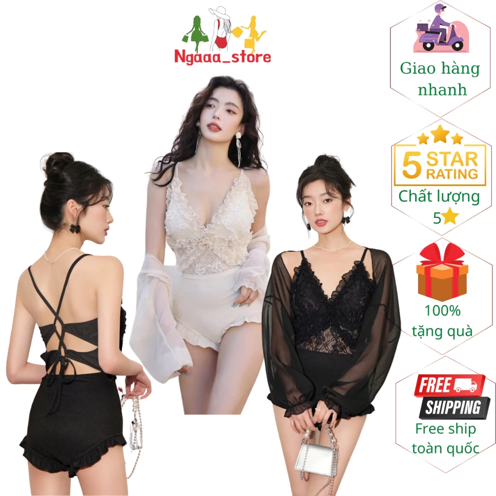 Bikini liền thân đi biển BK, Đồ bơi nữ 1 mảnh kín đáo áo ren 2 dây phối bèo có đệm kèm áo voan phong cách hàn quốc