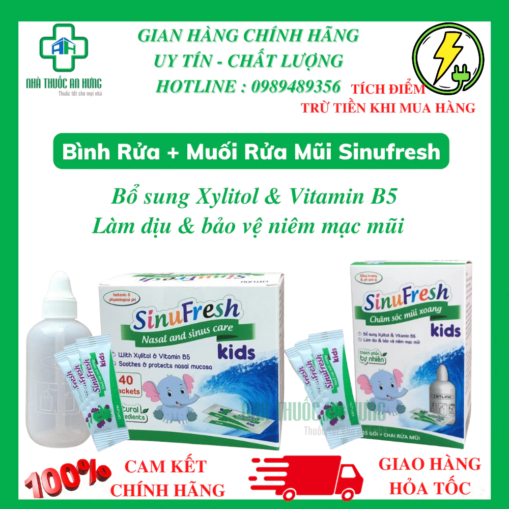 Combo Bình Rửa + Muối Rửa Mũi SinuFresh Kisd Của Cát Linh - Thành Phần Tự Nhiên Chăm Sóc Mũi Xoang Cho Bé Từ 1 Tuổi