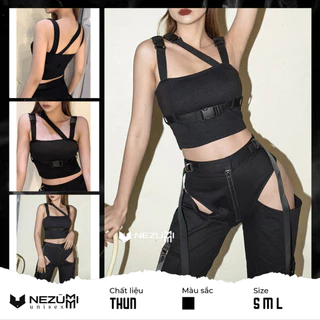 (Sẵn S M L) Áo croptop 2s bản to phối dây chéo vai đai trước ngực đen full thể thao, dự tiệc, sexy dance, gym