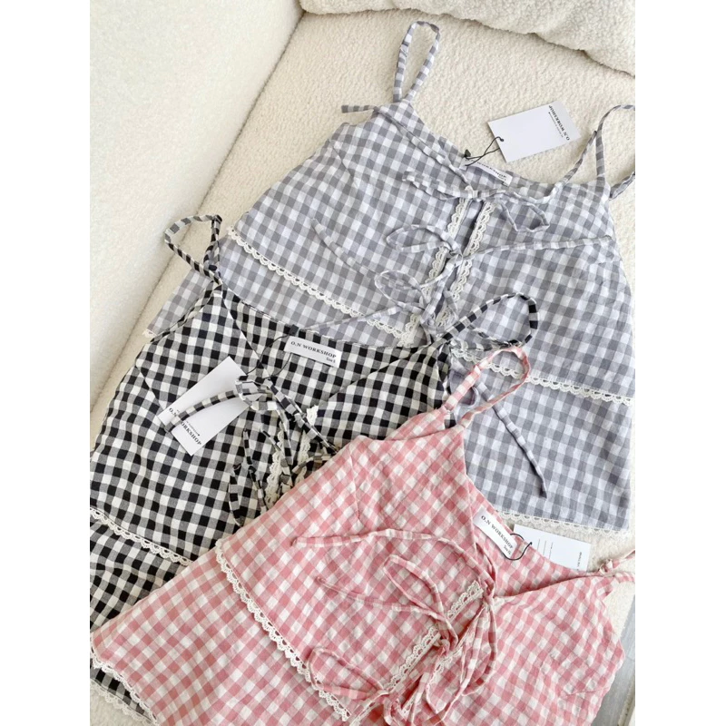 𝗛𝗮̀𝗻𝗴 𝗰𝗵𝗶́𝗻𝗵 𝗵𝗮̃𝗻𝗴 Set Đồ Ngủ Pyjama Bestie hai dây thắt nơ hoạ tiết kẻ caro xinh xắn - ON WORKSHOP