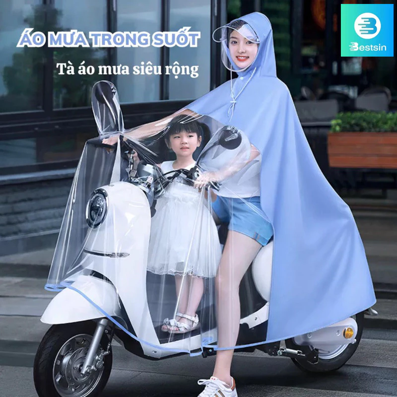 Bộ Áo Mưa Mẹ Bé Vải Trong Suốt Mẹ Quan Sát Được Bé Mũ Tháo Rời Linh Hoạt Chống Thấm Đi Xe Máy Tiện