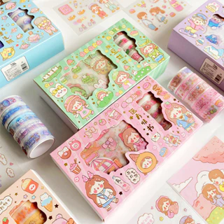 Hộp Sticker kèm washi tape dễ thương ngộ nghĩnh