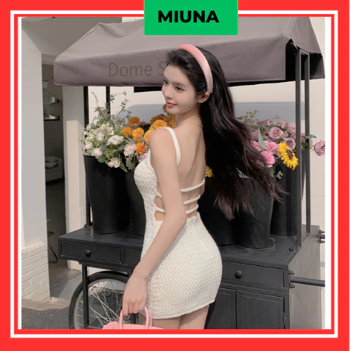 ( CÓ FREESHIP) Váy hai dây hở lưng Miuna đi biển, Đầm hai dây body ngắn màu trắng gợi cảm len đan
