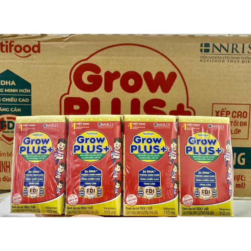 Thùng sữa Grow Plus+ Nutifood Xanh/ Đỏ Có đường/ Ít đường 48 hộp 110ml (HSD 01/25)