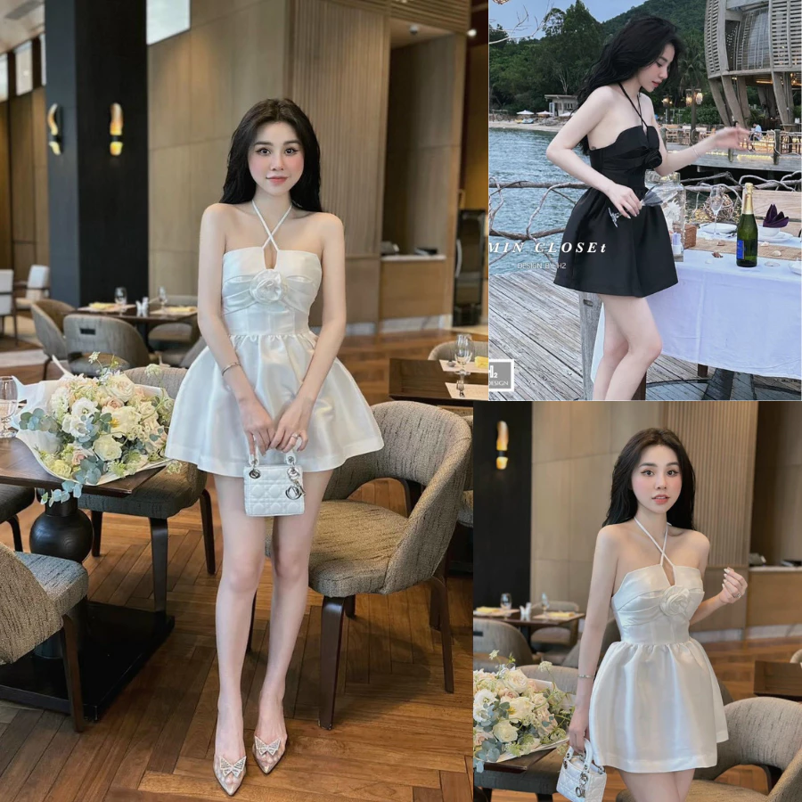 Đầm Xoè Dự Tiệc,Đầm Xoè Cúp Cổ Chéo Xếp Li Ngực Kết Bông (Hàng Thiết Kế Cao Cấp) Thời Trang Váy Nữ XM Minh Phúc