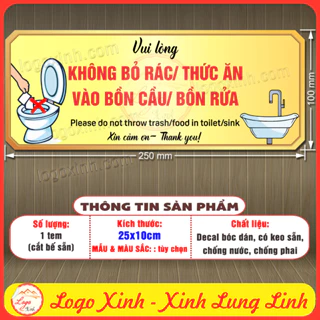 Tem Sticker Decal Nhắc Nhở Không Bỏ Giấy Rác, Thức Ăn, Vào Bồn Cầu, Bồn Rửa Gây Tắc Nghẽn, Chồng Nước Tuyệt Đối, Bóc Dán