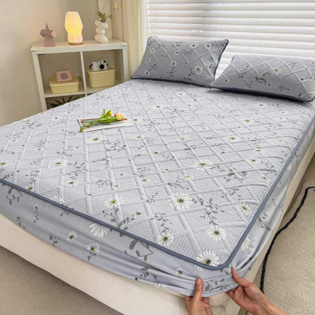 Bộ 4 món ga gối cotton đũi trần bông sử dụng 4 mùa, Ga giường bọc đệm và vỏ gối chất liệu thoáng mát thấm hút mồ hôi