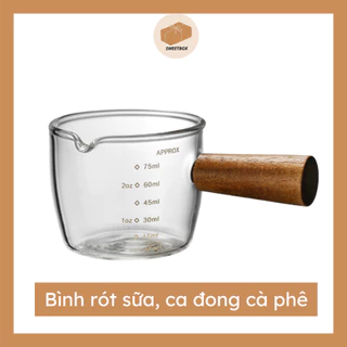 Cốc Đong Cà Phê Thủy Tinh Cán Gỗ Có Chia Vạch - Bình Rót Sữa Chịu Nhiệt 75ml - Ca rót Có Định Lượng