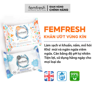 Khăn Ướt Vệ Sinh Vùng Kín Phụ Nữ FEMFRESH Nhập Khẩu Anh Quốc 25 Tờ/gói Không Cần Dùng Chung Với Dung Dịch Vệ Sinh P